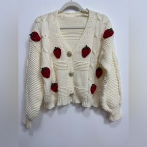 Cream Sweater with Red Strawberry Accents